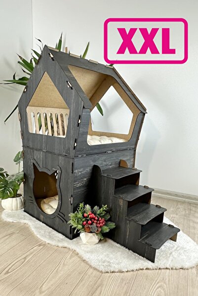 Onix Home XXL MODEL DEKORATİF AHŞAP BÜYÜK TERASLI KEDİ EVİ 5KG VE ÜZERİ KEDİL...