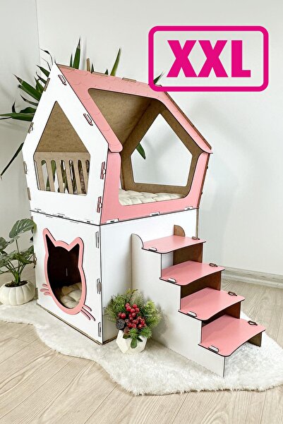 Onix Home XXL MODEL DEKORATİF AHŞAP BÜYÜK TERASLI KEDİ EVİ 5KG VE ÜZERİ KEDİL...