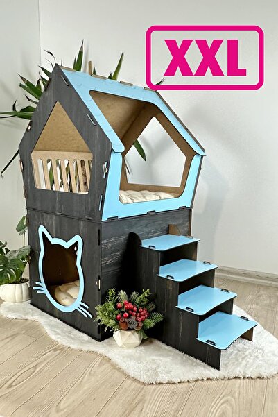 Onix Home XXL MODEL DEKORATİF AHŞAP BÜYÜK TERASLI KEDİ EVİ 5KG VE ÜZERİ KEDİL...