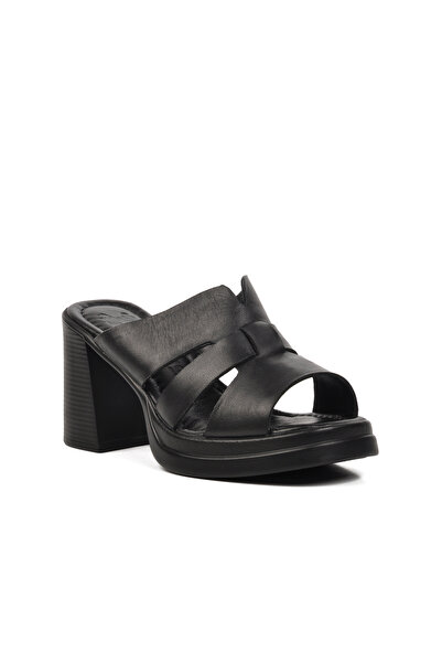 Venüs 2413403Y Μαύρες γυναικείες παντόφλες με τακούνι από γνήσιο δέρμα