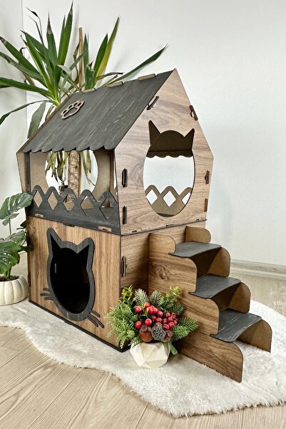 Onix Home DEKORATİF AHŞAP L MODEL TERASLI KEDİ EVİ