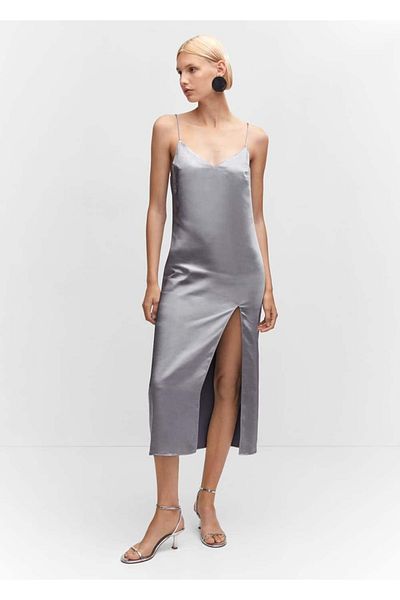MANGO Woman Rochie din satin cu fante pe lateral