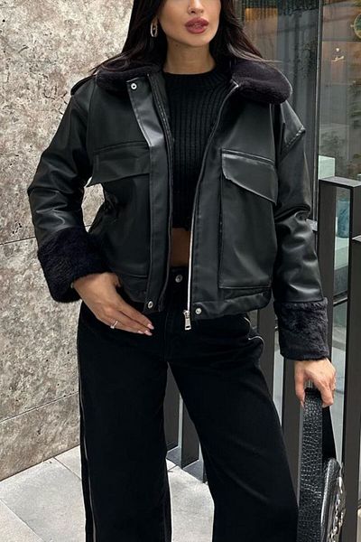 HASYAMORE Palton de piele de damă neagră cu blană completă de mătase în interior
