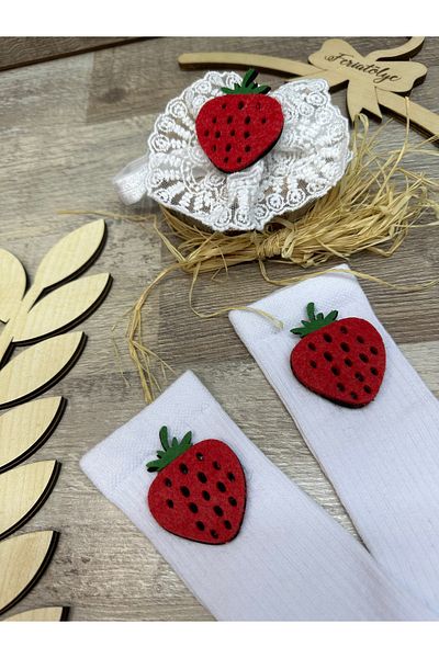 Feriatolye Strawberry figured white lace baby girl headband and strawberry concept white baby girl knee socks