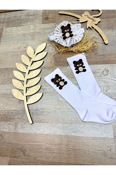 Feriatolye Teddy Bear Figured Baby Girl White Lace Hair Band and Teddy Bear Concept Knee-high White Baby Socks