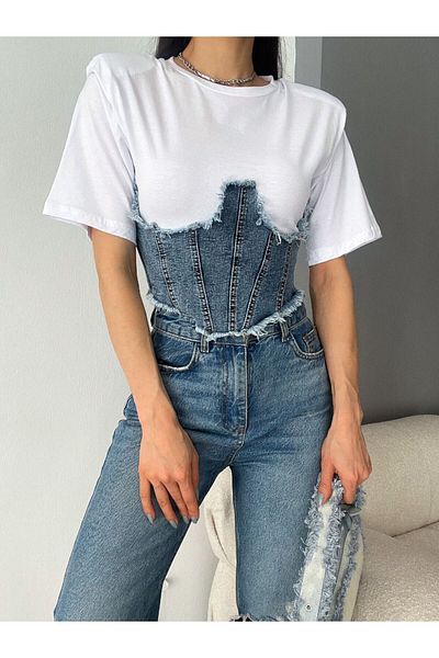 NEW JOURNAL Tricou alb căptușit cu detaliu corset de jeans cu design special pentru femei Tll50751