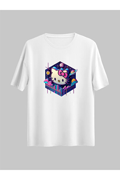 donamod Tricou unisex supradimensionat Hello Kitty 3D colorat cu design speci...