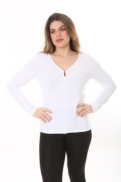 Şans Women's Plus Size White Chest Gather Detailed Long Sleeve Blouse 65N37580