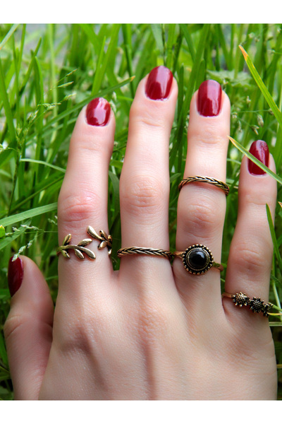 Genel Markalar Doğal Taş 5'li Ayarlanabilir Eklem Yüzük Seti Oniks Doğal Taşlı