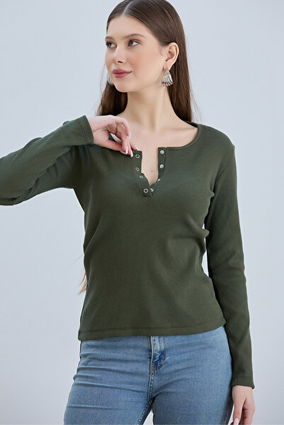 VODENS Bluză cu mânecă lungă cu guler camisole kaki