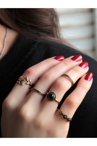 Genel Markalar Doğal Taş 5'li Ayarlanabilir Eklem Yüzük Seti Oniks Doğal Taşlı