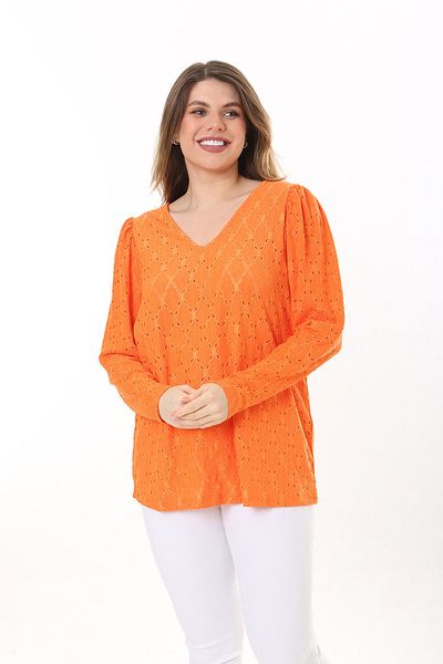 Şans Women's Plus Size Orange Hole Fabric Shoulder Shirring Detailed V-Neck Blouse 65N37578