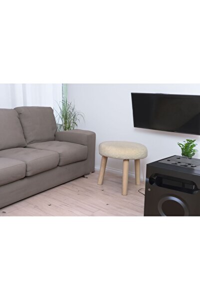 DEKOR MOBİLYACIM çocuk krem renk tabure Gürgen Ahşap Retro Ayak Dekoratif Beyaz Pelüş