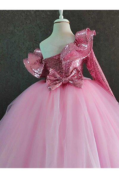NGS STİL Pembe Payet Tek Omuz Ara Boy Tarlatanlı Elbise