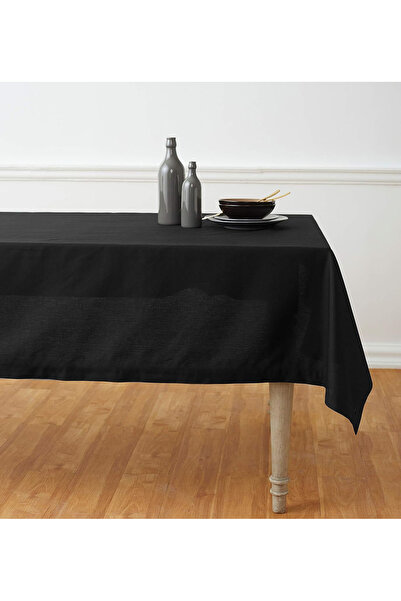 Zeren Home Black Linen Look Carefree Tablecloth + 6 Napkins
