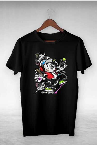 PERISENSE Tricou supradimensionat unisex femei bărbați Skate Cat Mouse imprimat