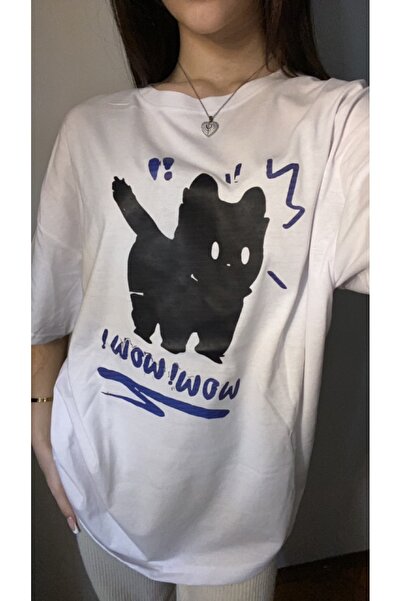 Violon Harajuku Wow mačka print model unisex majica velikog kroja