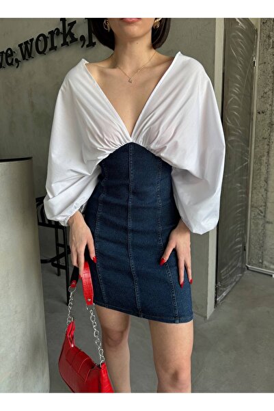 Ekim Store Poplin Garnished Denim Dress