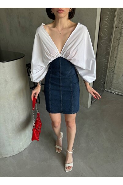 Ekim Store Poplin Garnished Denim Dress