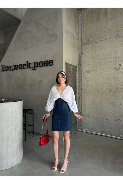 Ekim Store Poplin Garnished Denim Dress