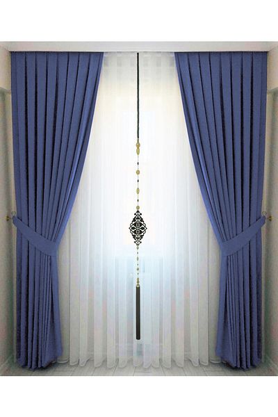 İ.D İpek Dokuma Indigo Blue Pleated Velvety Background Curtain High Quality Single Wing
