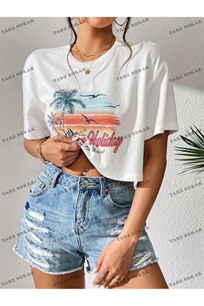 Adrift Cultură COD- 232913   Umăr căzut cu grafic tropical și cu litere