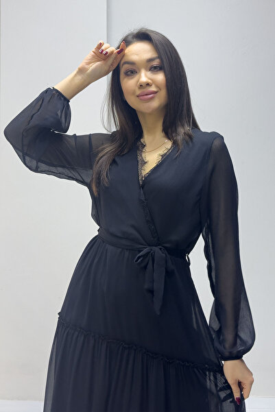 zks grup tekstil Dámské černé šaty s páskem z guipure s dvojitým šifonem Midi velikosti Plus