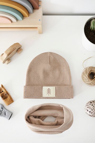 Doğan Collection Ribbed Beanie Neck Collar Set with Camel Teddy Bear Label