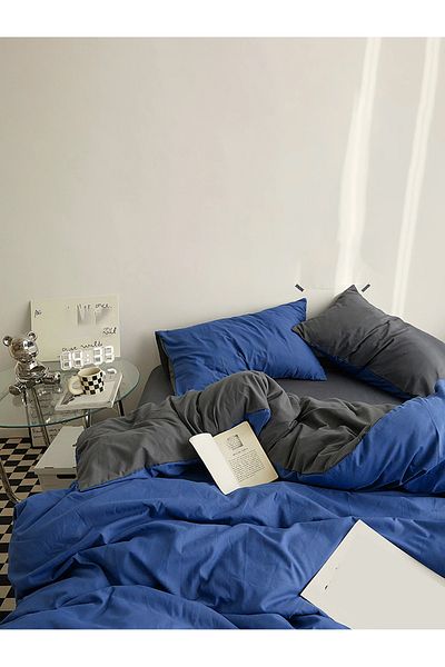 CAQQA Double Elastic Sheet Duvet Cover Set| Navy Blue - Gray