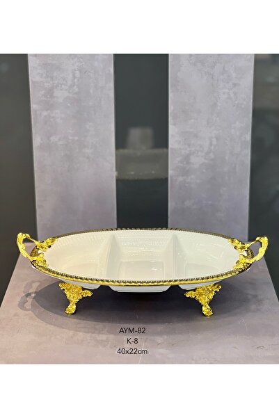 decovien Oval Ayaklı Sunum  40*22 cm Krem Gold