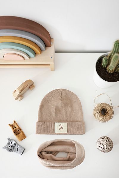 Doğan Collection Ribbed Beanie Neck Collar Set with Camel Teddy Bear Label