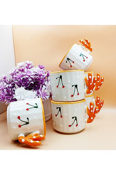 Salizera 6 Pieces Cherry Cup - Hand Made Ceramic 150 Ml Tea, Duble Coffee, Espresso, Neskafe Cup Gift<<
