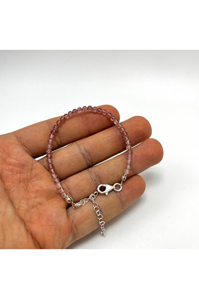 YILDIZ DOĞAL TAŞ SERTİFİKALI Çilek Kuvars 4mm 925 Ayar Gümüş Doğal Taş Bilekl...