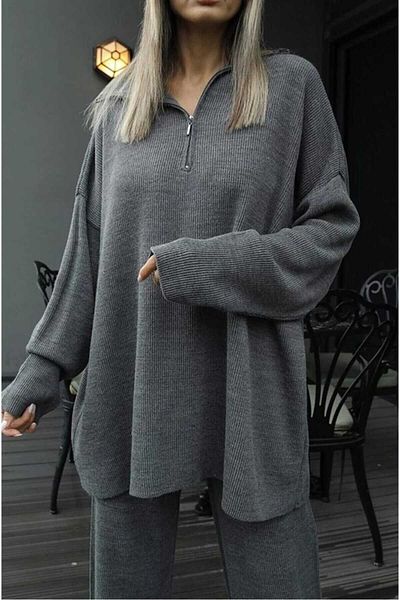 YILMAZ Women's Stylish Corded Collar Zippered Knitwear Sweater