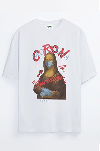 Grove Fashion تي شيرت كورونا الناجي الموناليزا مطبوع للجنسين مقاس كبير