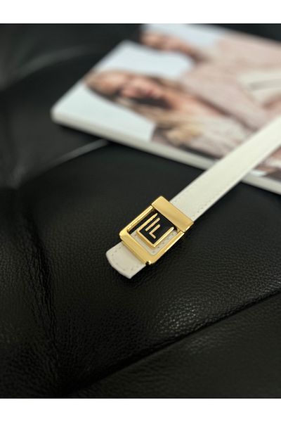 Fiori White Women's Belt with F Logo Gold Buckle, Gold Women's Belt, Trouser Belt, Coat Belt