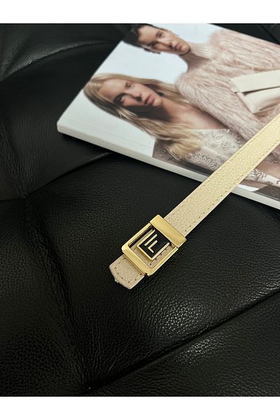 Fiori Beige Women's Belt with F Logo Gold Buckle, Gold Women's Belt, Pants Belt, Coat Belt