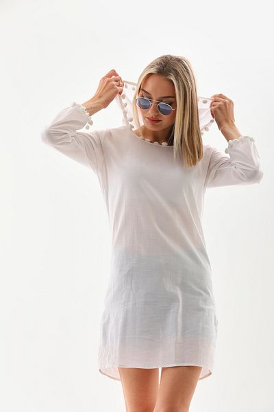 YUSUF CAN KARATAŞ KARATAŞ GİYİM Women's Yellow Color Long Sleeve Beach Tunic Hooded Cotton Cover