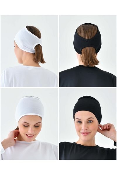 mirach 2 Pack Hair Band Bandana Set |   Black and White Ponytail Sports Buckle Detailed Design