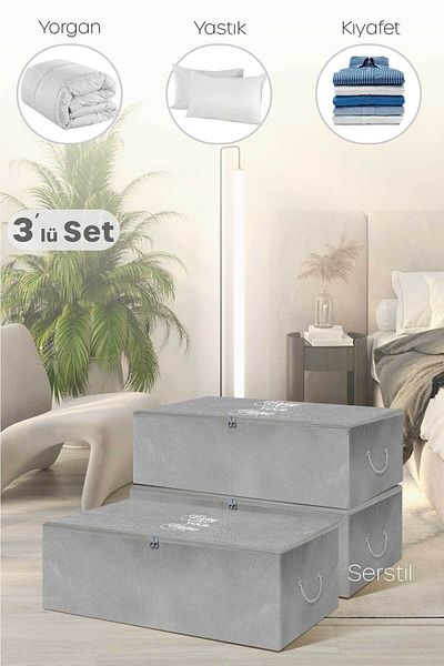Serstil 3 Pieces - Small Size Printed Detailed Anthracite Storage Bag 52 X 28 X 21 Cm