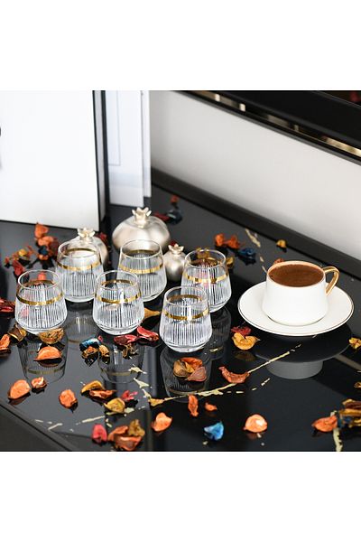 P H Panayır Home Lava Gold Gilded Coffee Side Cup for 6 People Glass Water Cup, Ground Set Dowry Gift
