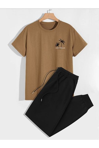 Sky Light Unisex Beige Printed T-Shirt - Black Jogger