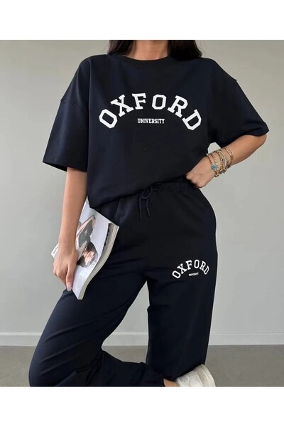 HIRSCH Women's Summer Black Oxford University Printed Tracksuit T-shirt Set