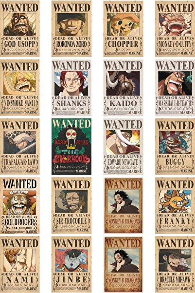 Anime Marketi One Piece Wanted Tasarımlı Düz Kesim Sticker Seti - 2,60 CM x 3,80 CM 20 Adet Sticker
