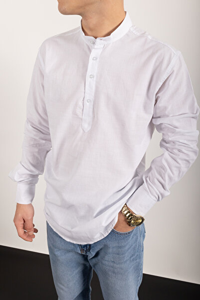 WAMOSSALAPLI Cămașă de in cu mânecă lungă și guler înalt, cu trei nasturi