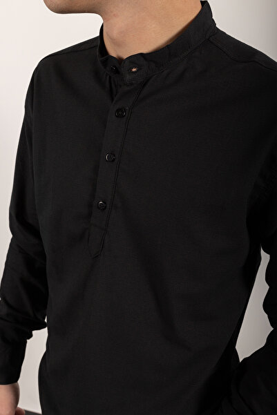 WAMOSSALAPLI Μακρυμάνικο γιακά δικαστή με τρία κουμπιά λινό μαύρο πουκάμισο