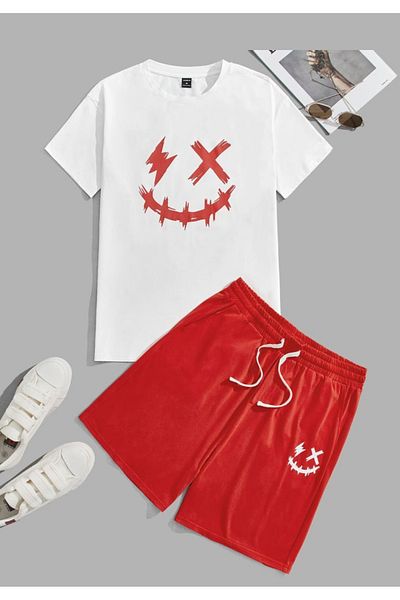 Sky Light Unisex White Printed T-Shirt - Red Shorts - Summer