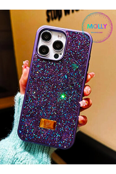 Molly iPhone 13 PRO MAX İçin Derin Mor Swan Taşlı Lüks Silikon Kılıf