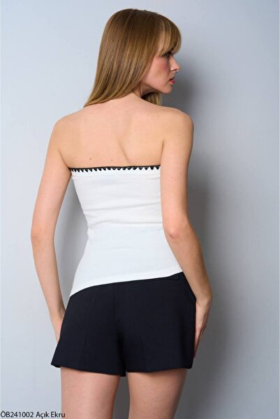 Liora Women's Ecru Strapless Black Stitching Detailed Asymmetric Blouse