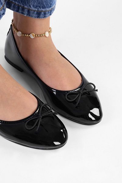 Shoeberry Women's Baily Black Patent Leather Bow Casual Ballerinas